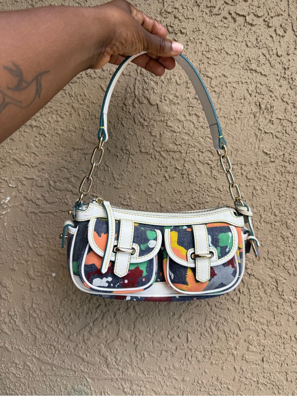 Dooney & Bourke Graffiti Paint Splatter Mini Shoulder Bag Canvas and Leather